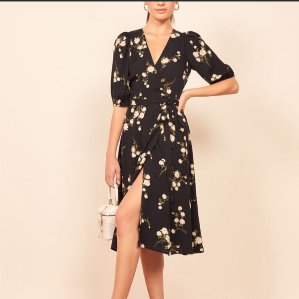 Reformation Christa Floral Black Wrap Dress